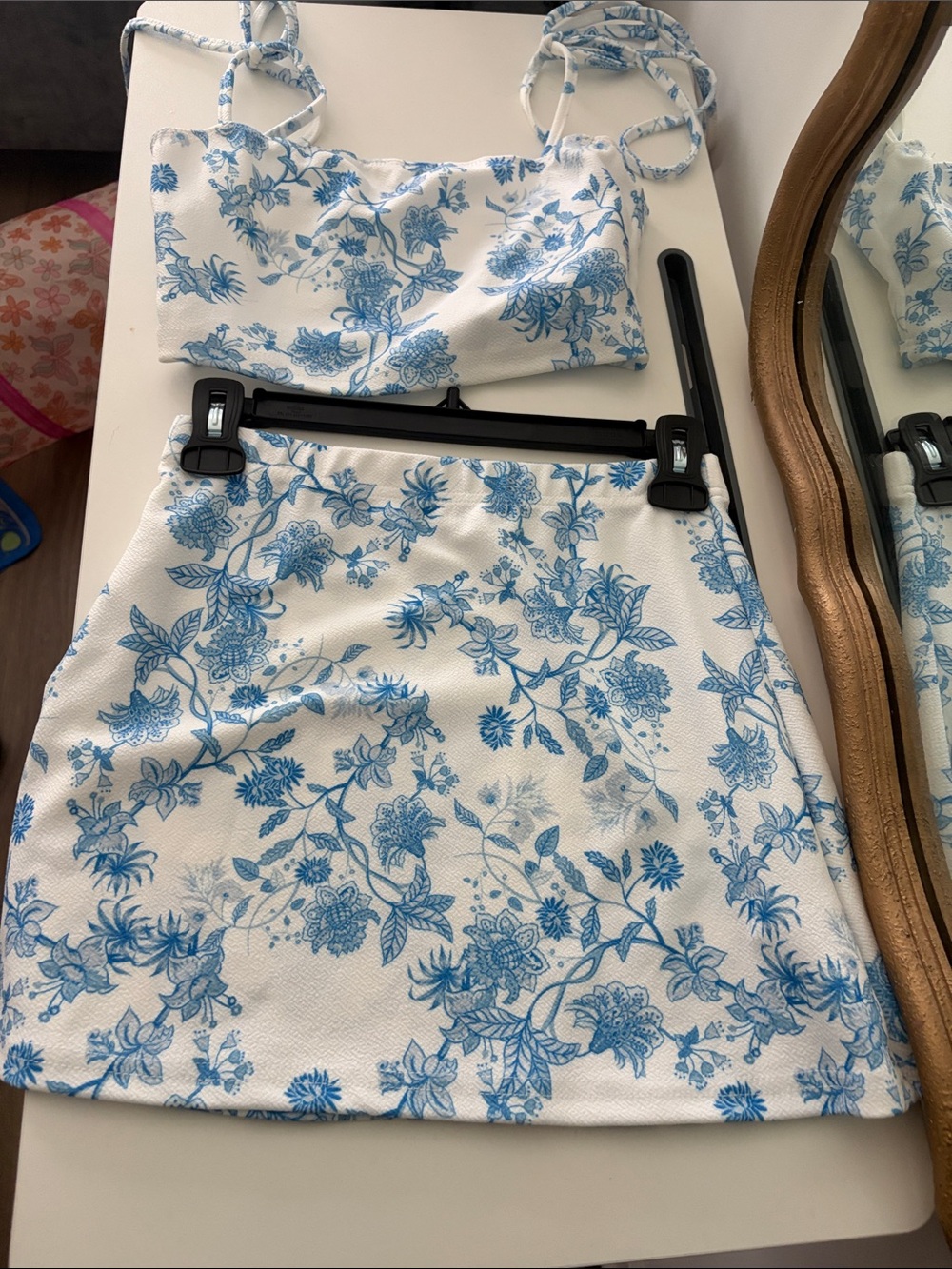 SHEIN White Mini Skirt with Blue Floral Print